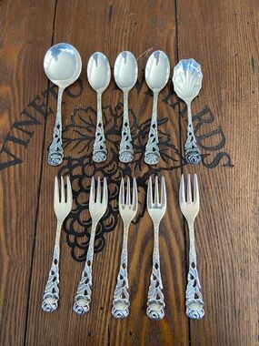 Vintage Silver-Plate Rose Handle Flatware Set of 10